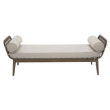 Beige upholstered bench with wooden frame and two cylindrical cushions on each end