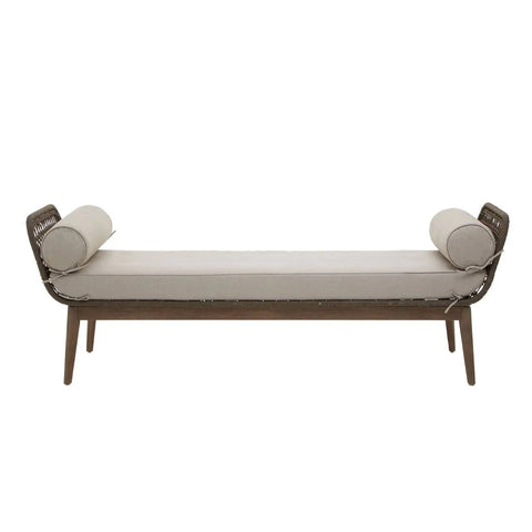 Beige cushioned bench with bolster pillows and wooden frame, front view