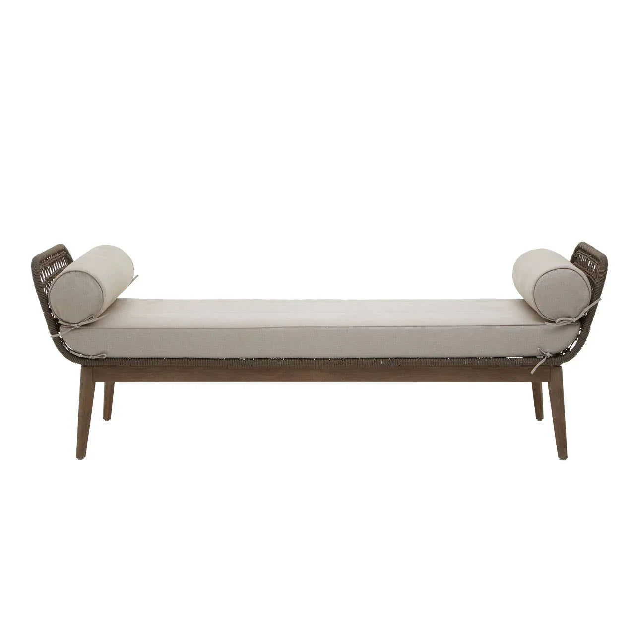Beige cushioned bench with bolster pillows and wooden frame, front view
