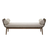 Beige cushioned bench with bolster pillows and wooden frame, front view
