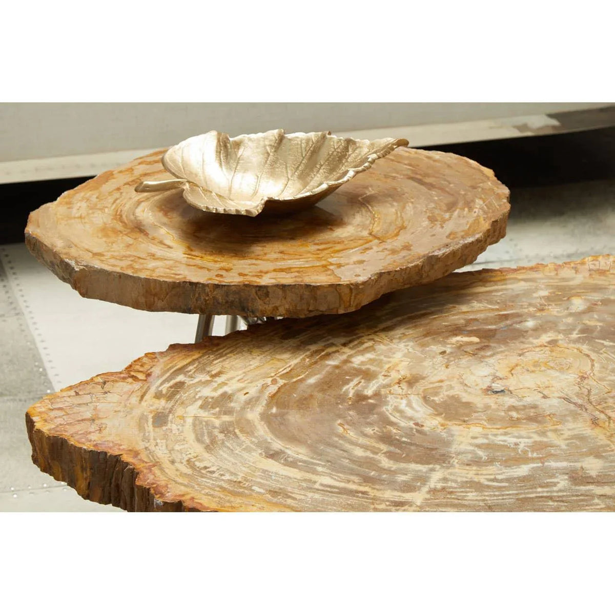 Petrified wood side table with metallic leaf-shaped bowl decor