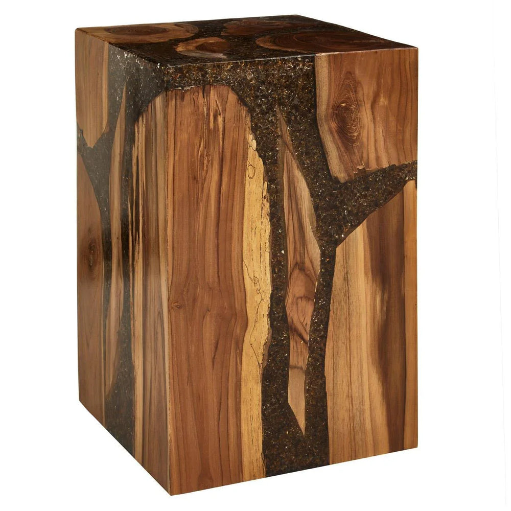 Rectangular wood and resin side table with natural grain and epoxy detailing
