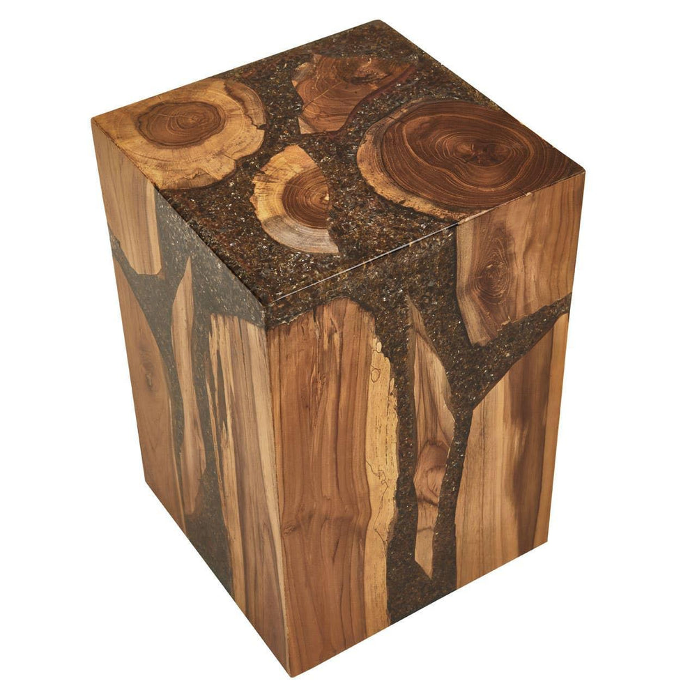 Square wooden side table with natural live edge wood and resin details on top and sides