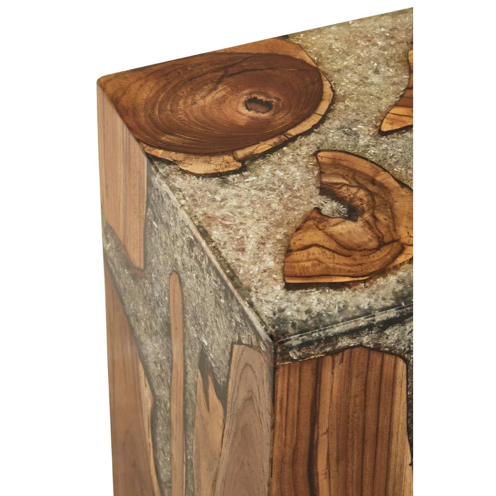 Close view of square wood and resin side table top with visible grain and unique texture