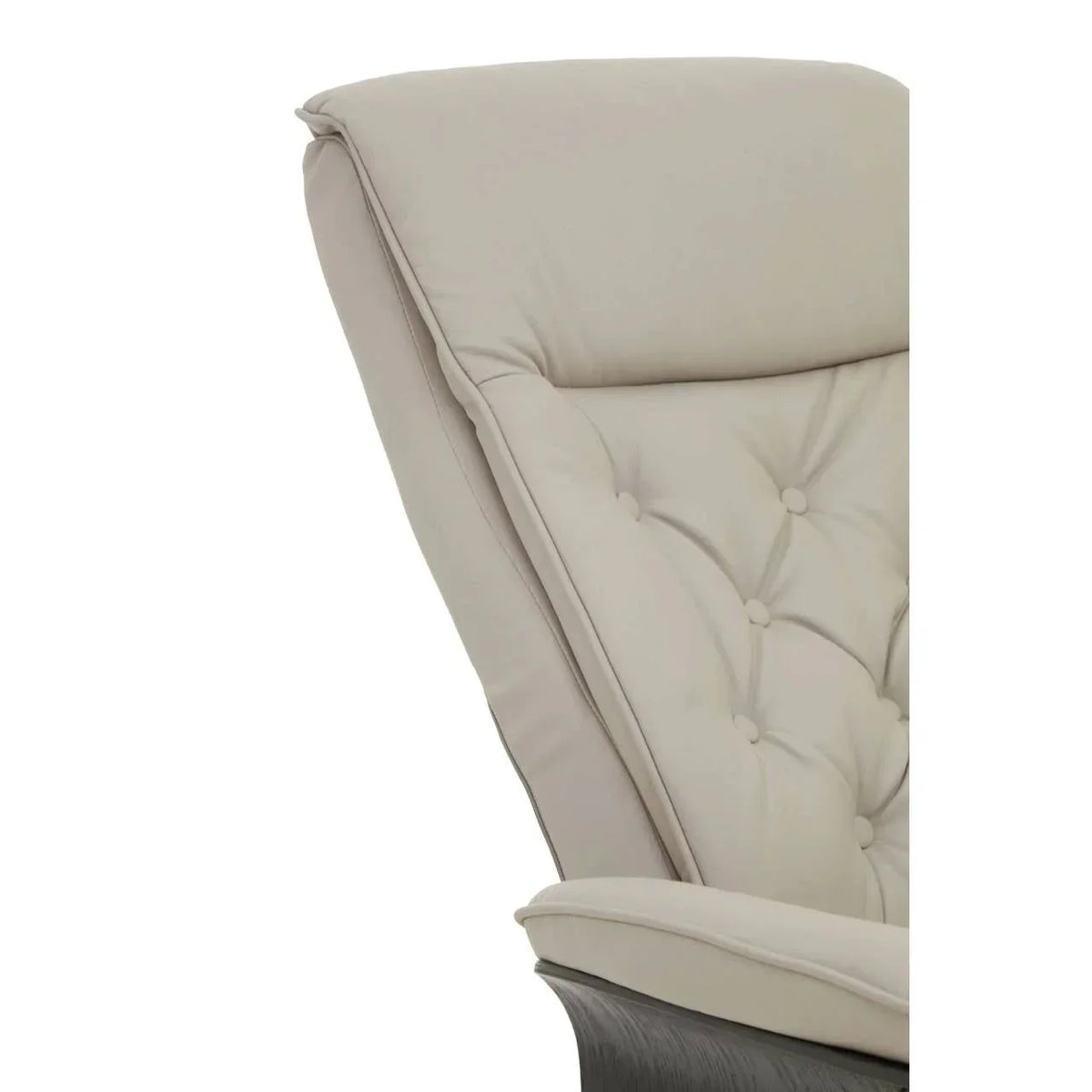 Beige tufted leather armchair backrest with cushioned upholstery and wood frame detail