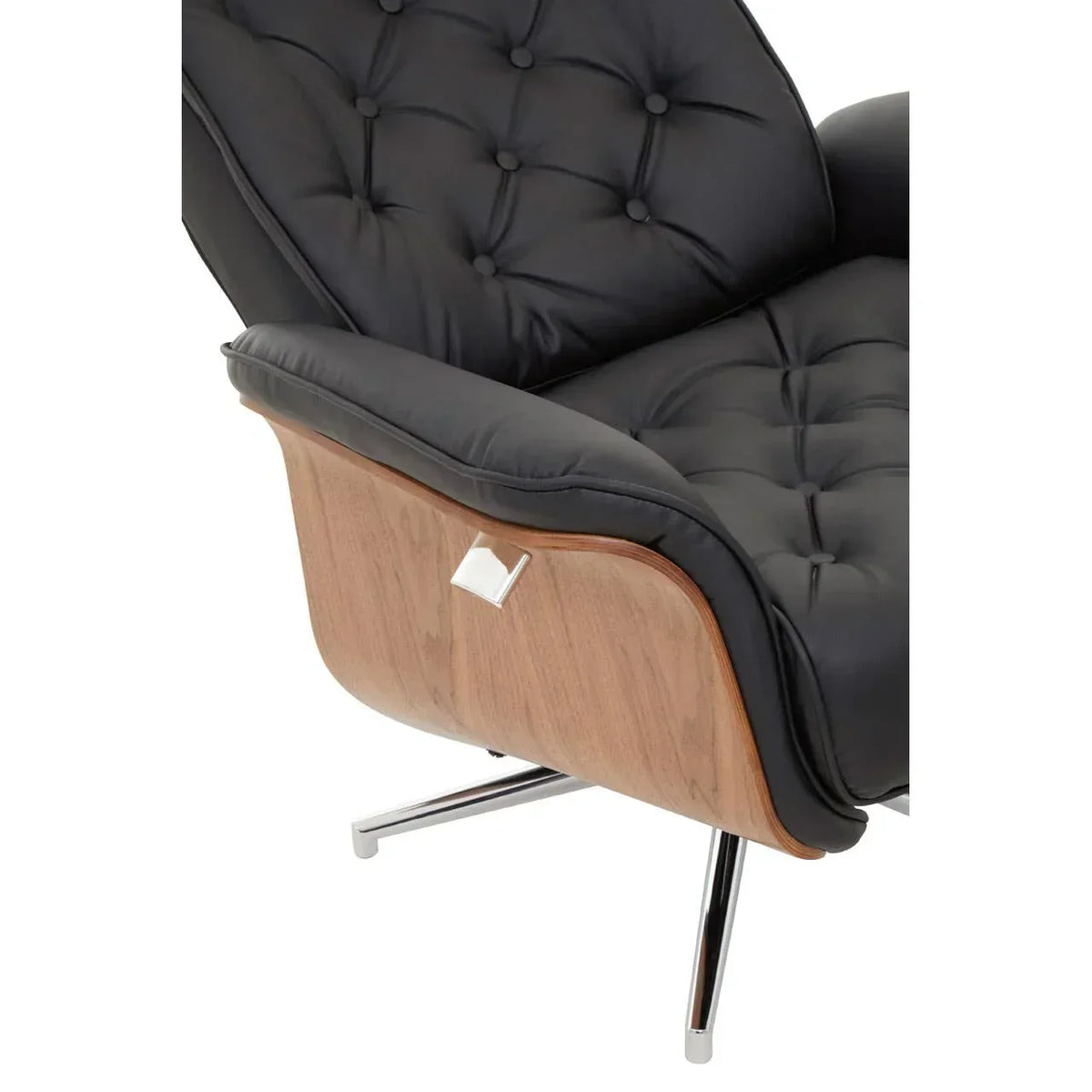 Black leather armchair with button-tufted seat, walnut wood frame, chrome legs detail