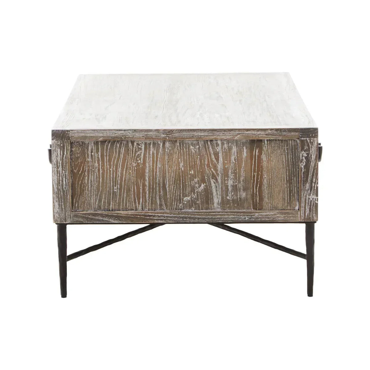 Rustic wood coffee table with whitewashed finish and black metal legs, front view