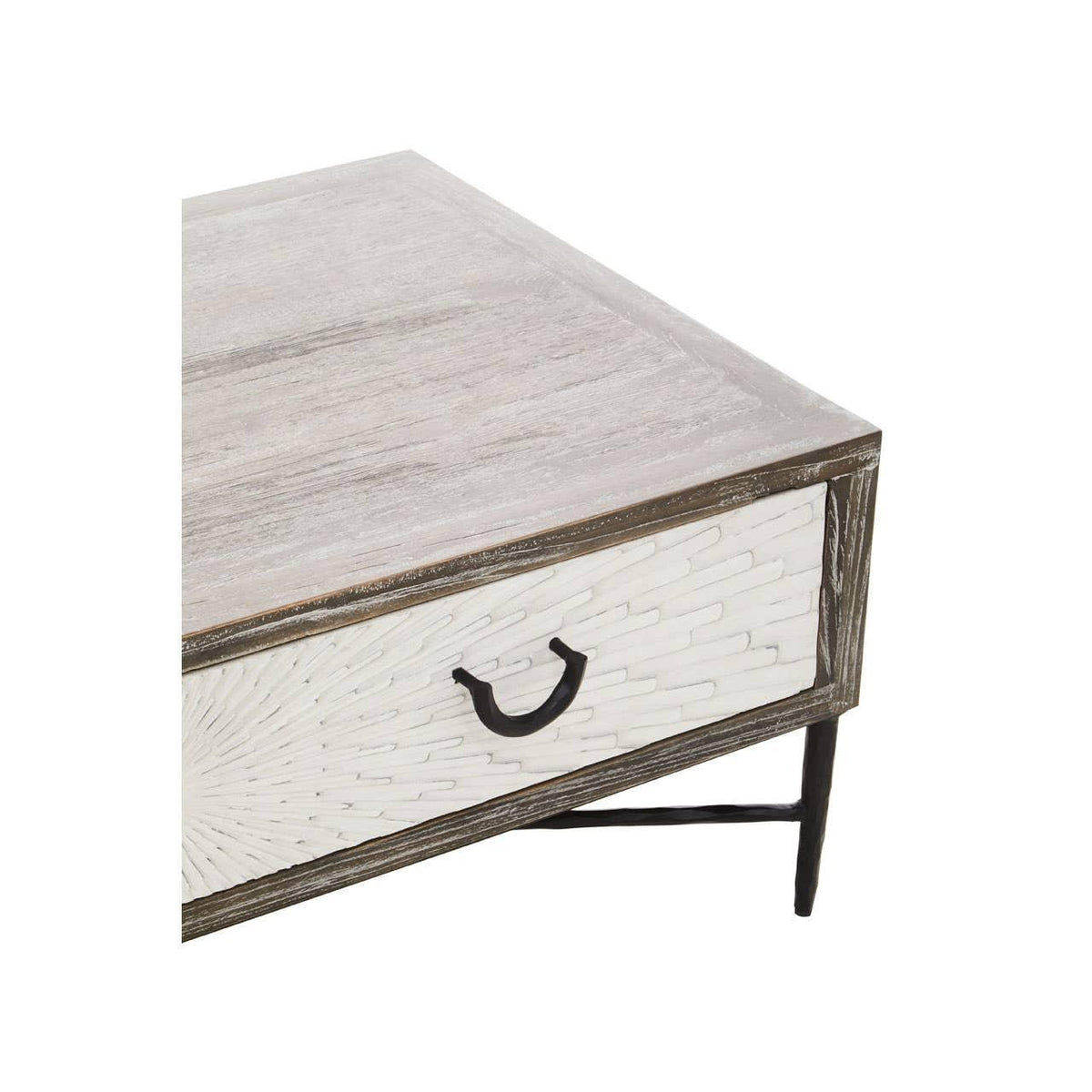 Light wood coffee table with white textured drawer and black metal handle, front corner view