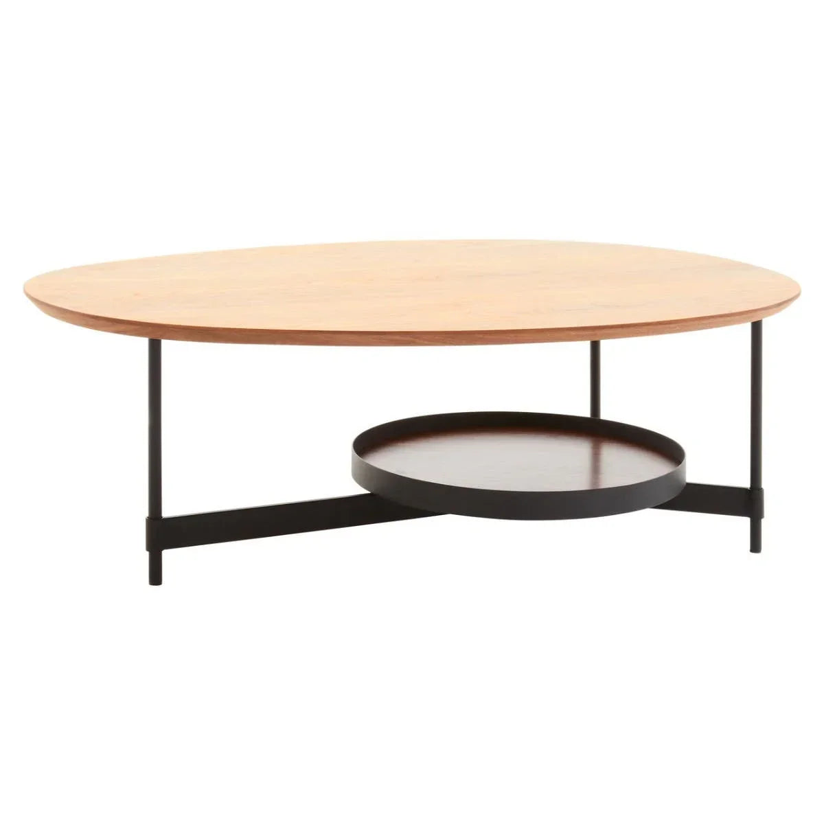 Oval wood coffee table with black metal legs and round lower shelf