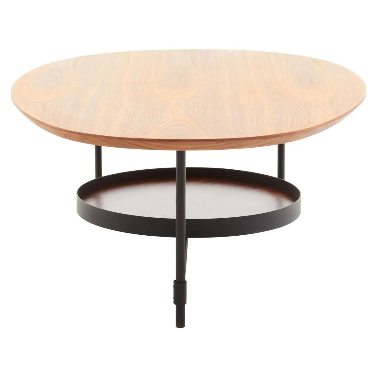Round wooden coffee table with black metal legs and lower shelf, modern minimalist design