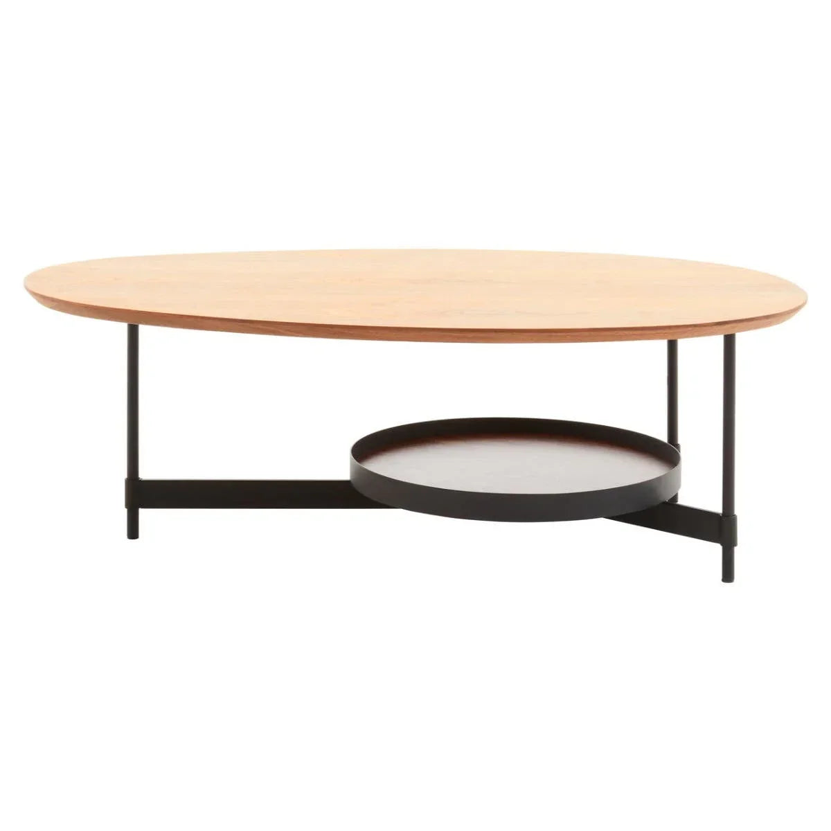 Oval wooden coffee table with metal legs and circular lower shelf