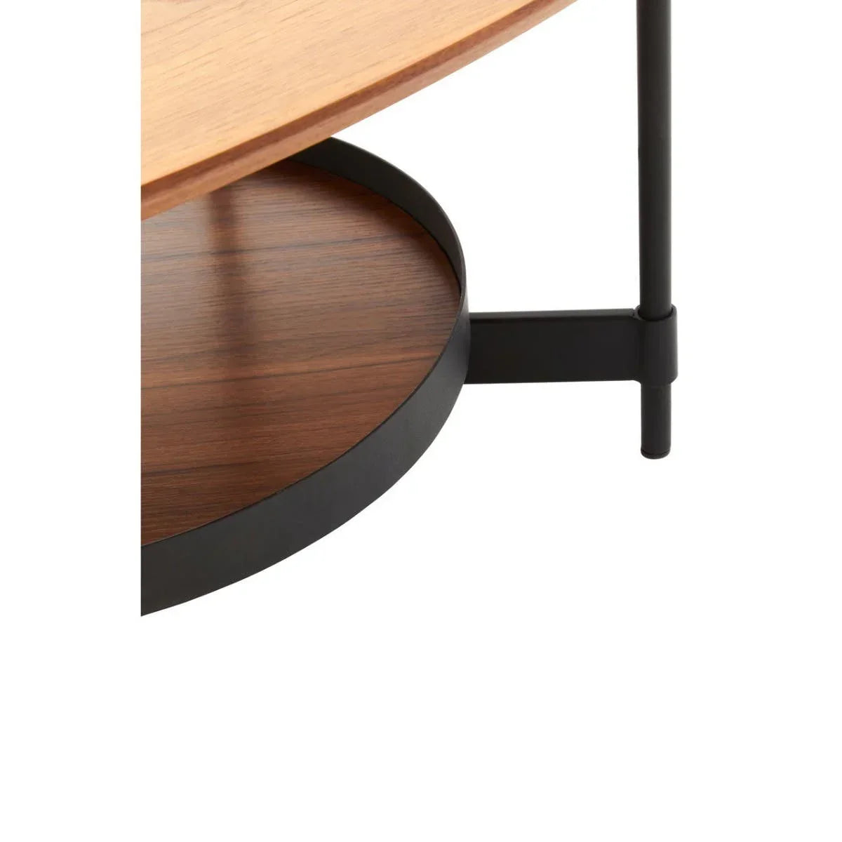 Closeup of wooden coffee table with black metal frame and round lower shelf
