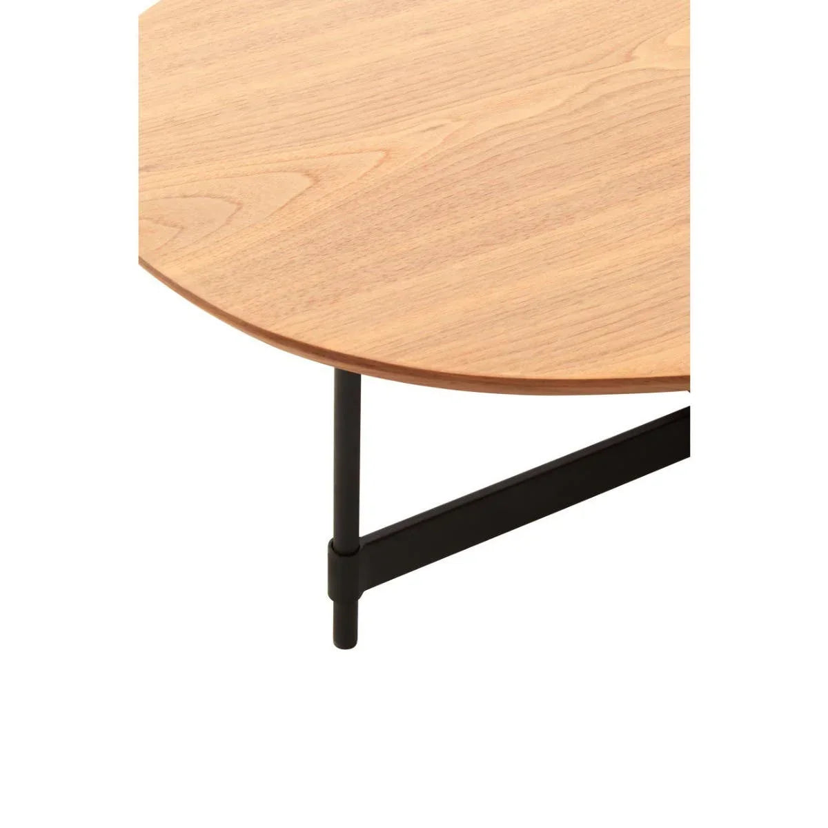 Round wooden coffee table top with black metal leg and frame closeup