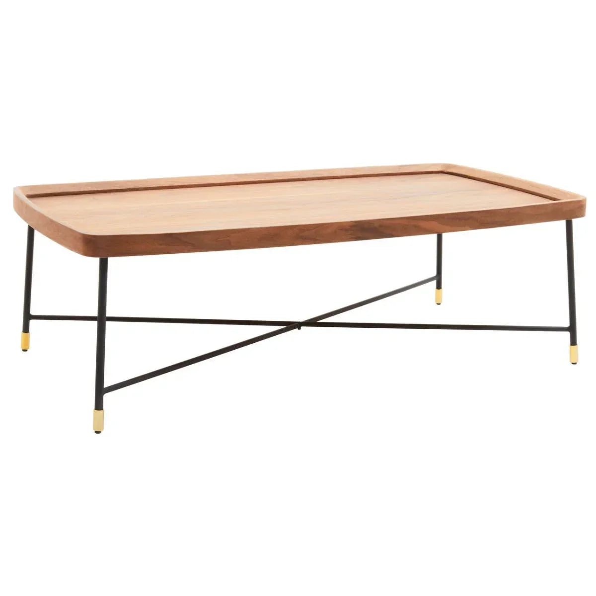 Rectangular wooden coffee table with black metal legs and gold feet accents