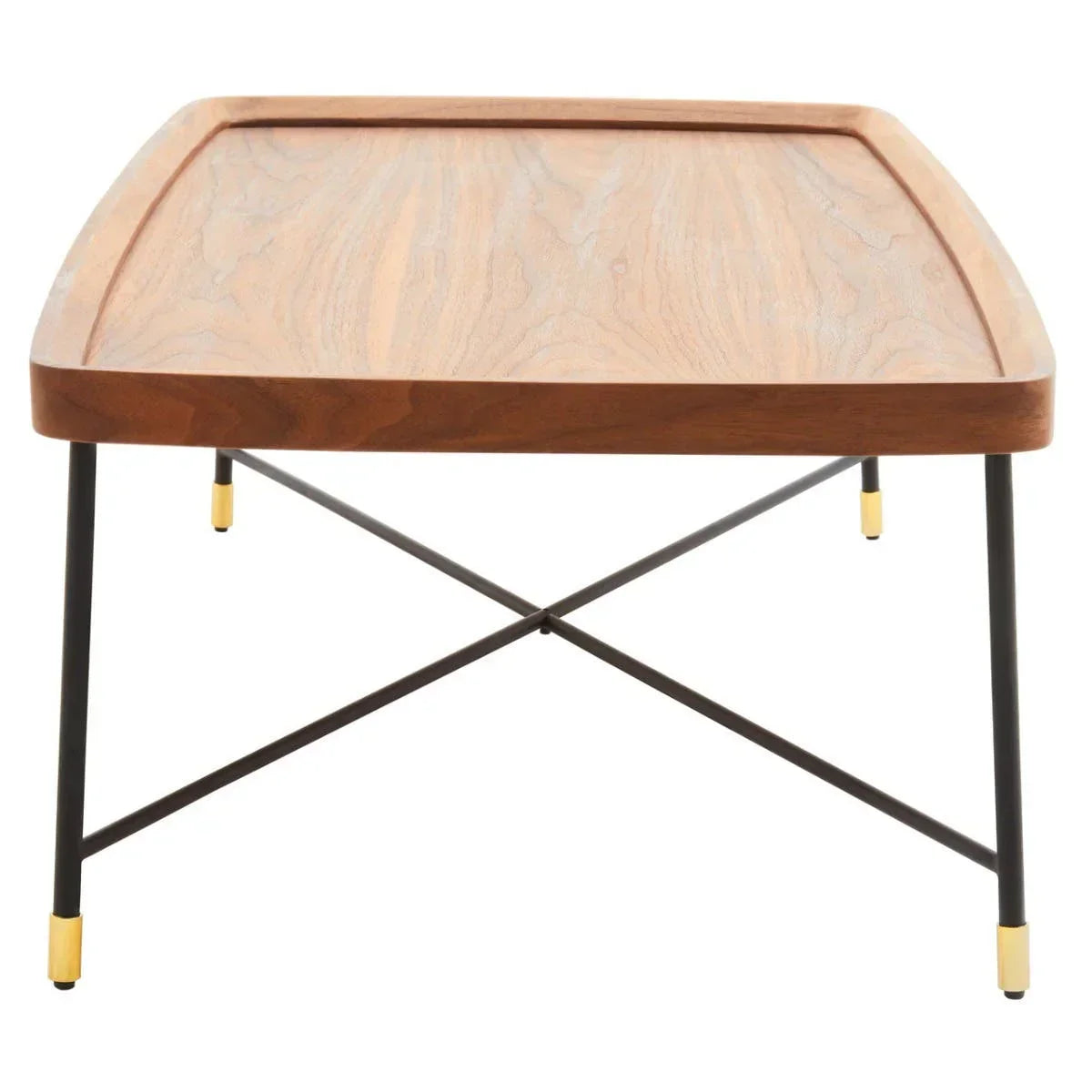 Rectangular wooden coffee table with black metal legs and gold accents, front angle view