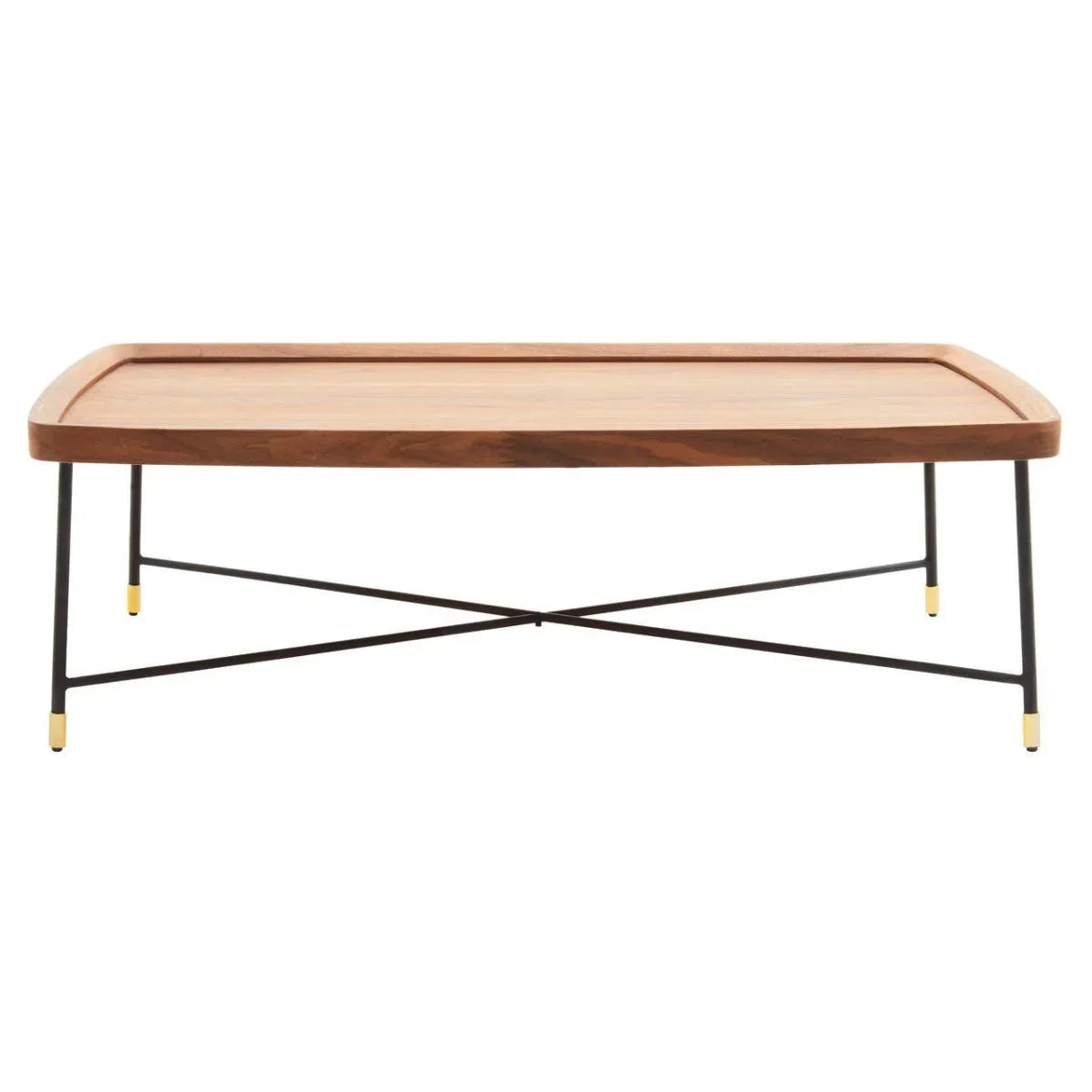 Rectangular wooden coffee table with angled black metal legs and gold accents