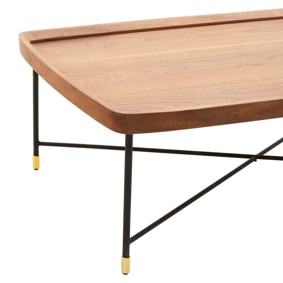 Walnut coffee table with metal legs and gold capped feet, angled close-up view