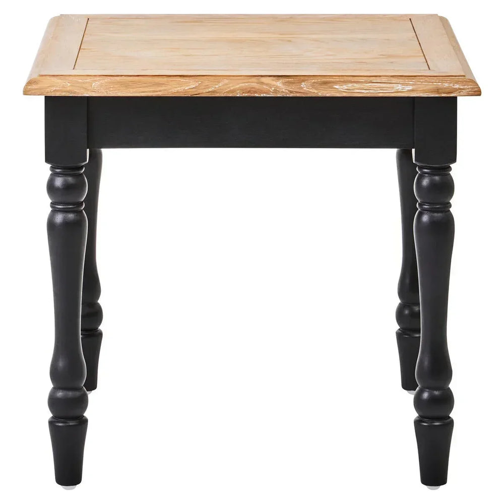 Square wooden side table with natural oak top and black turned legs, front angle view