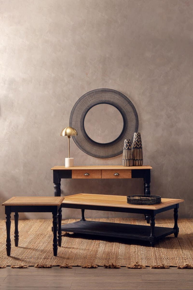 Oak coffee table set with black legs, console table, and modern decor accents
