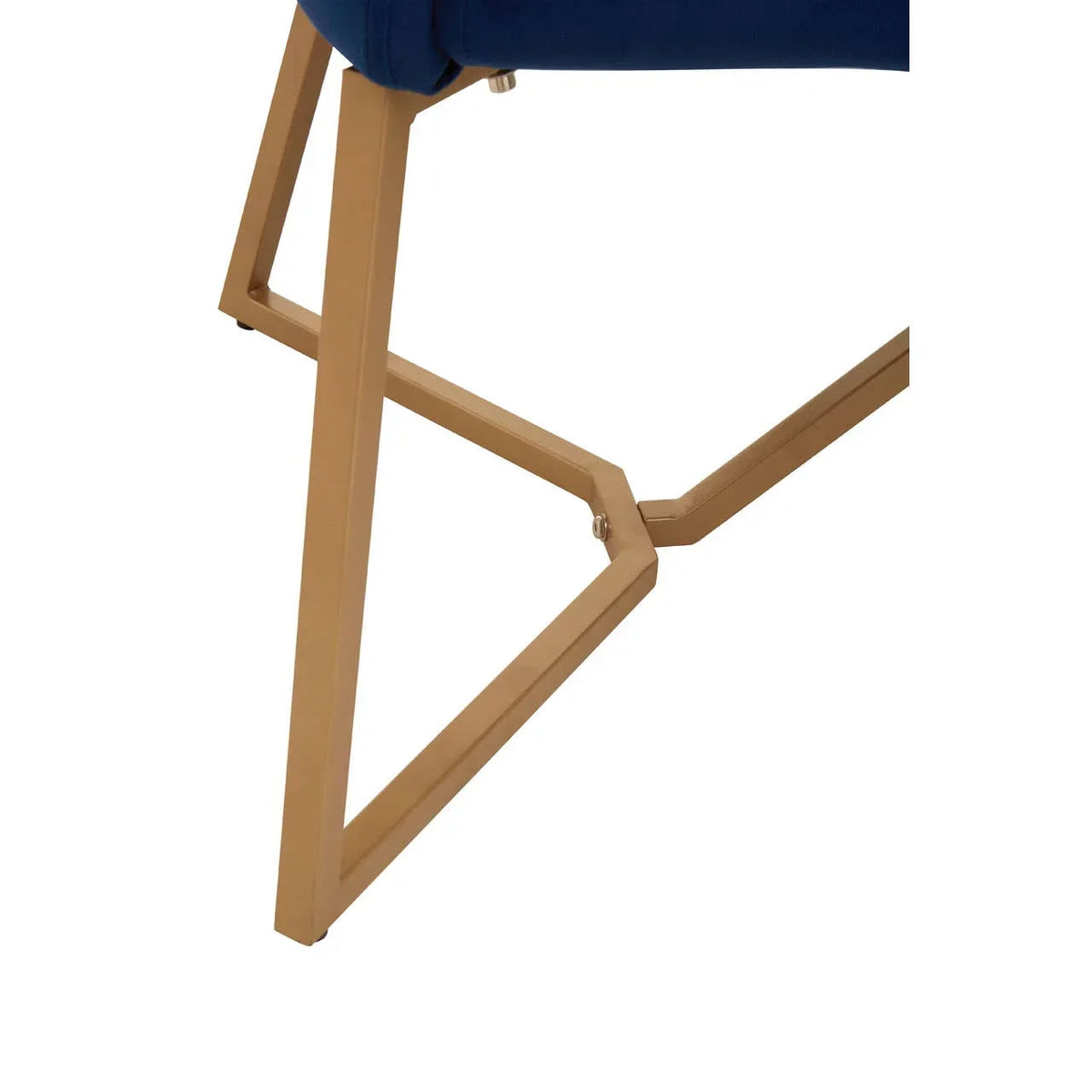 Gold metal chair leg with blue upholstered seat, close-up on modern frame design