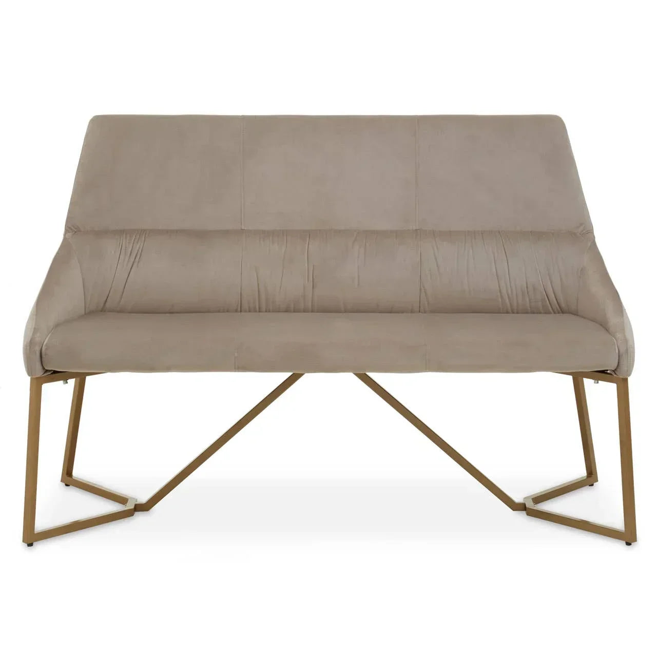 Beige fabric sofa with gold metal frame and angled legs, front view