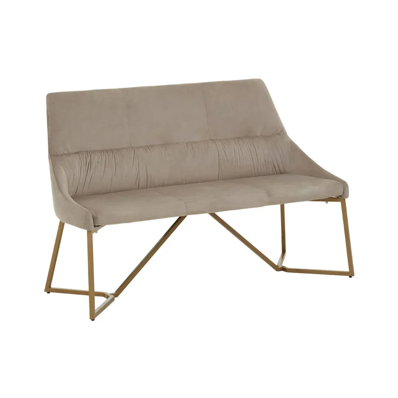 Beige velvet dining bench with gold metal frame and angled legs on white background