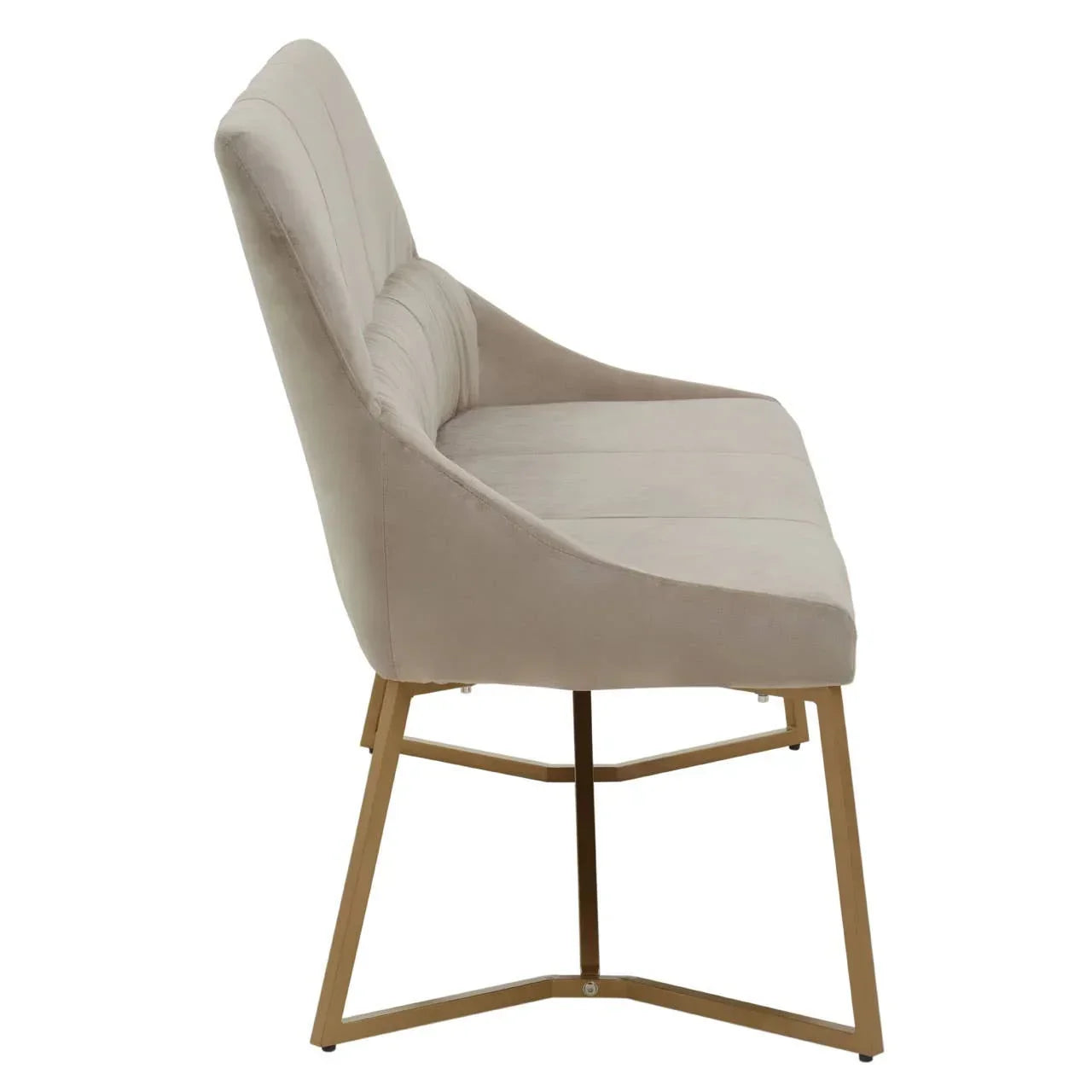 Beige velvet dining bench with gold metal legs side view
