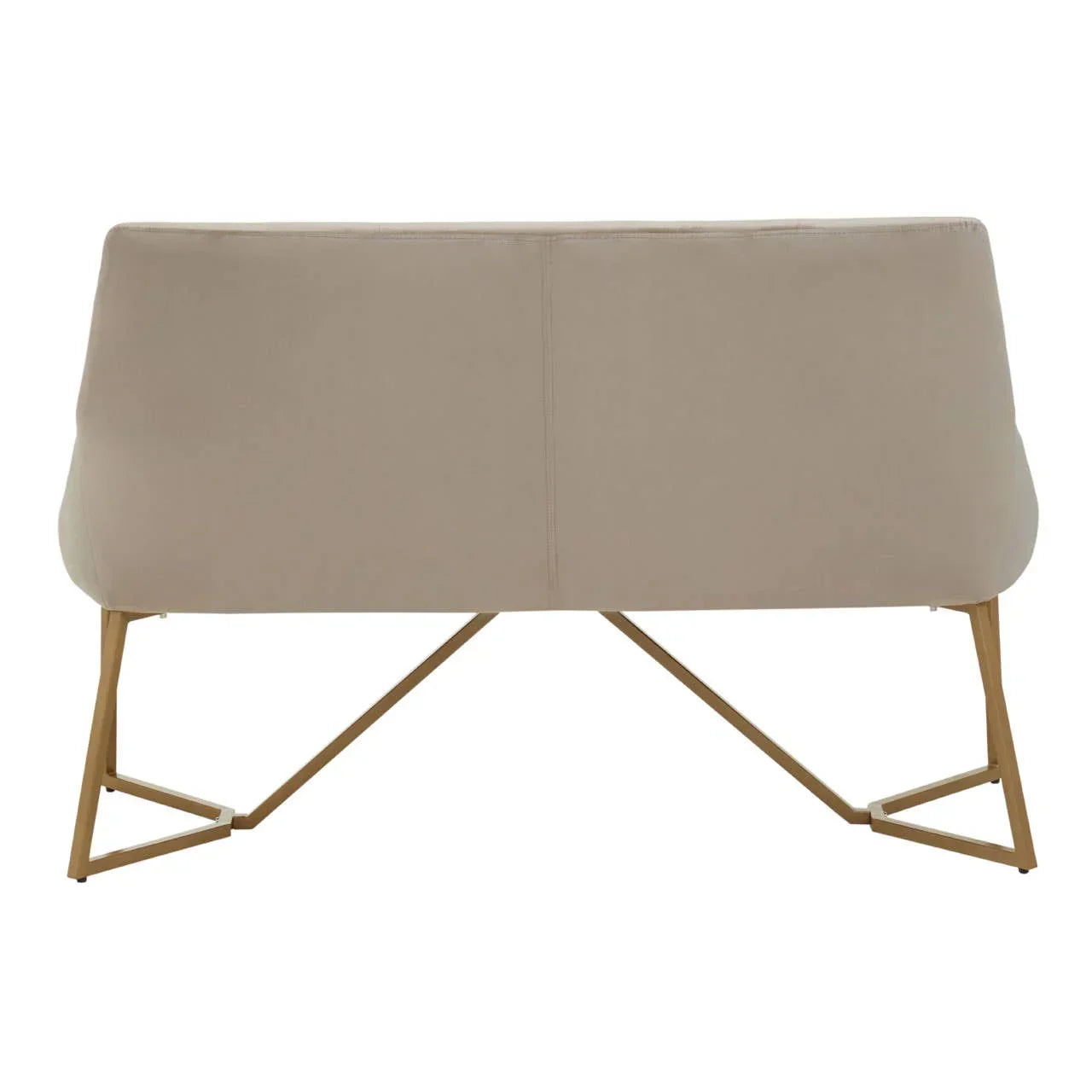 Beige sofa with metal legs, rear view showing geometric gold frame and smooth upholstery