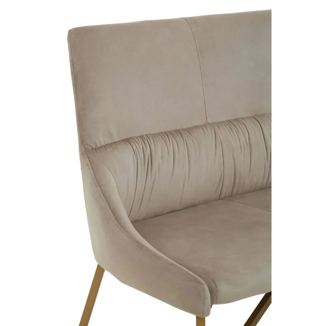 Beige velvet dining bench with gold metal legs and high backrest, close-up on upholstery