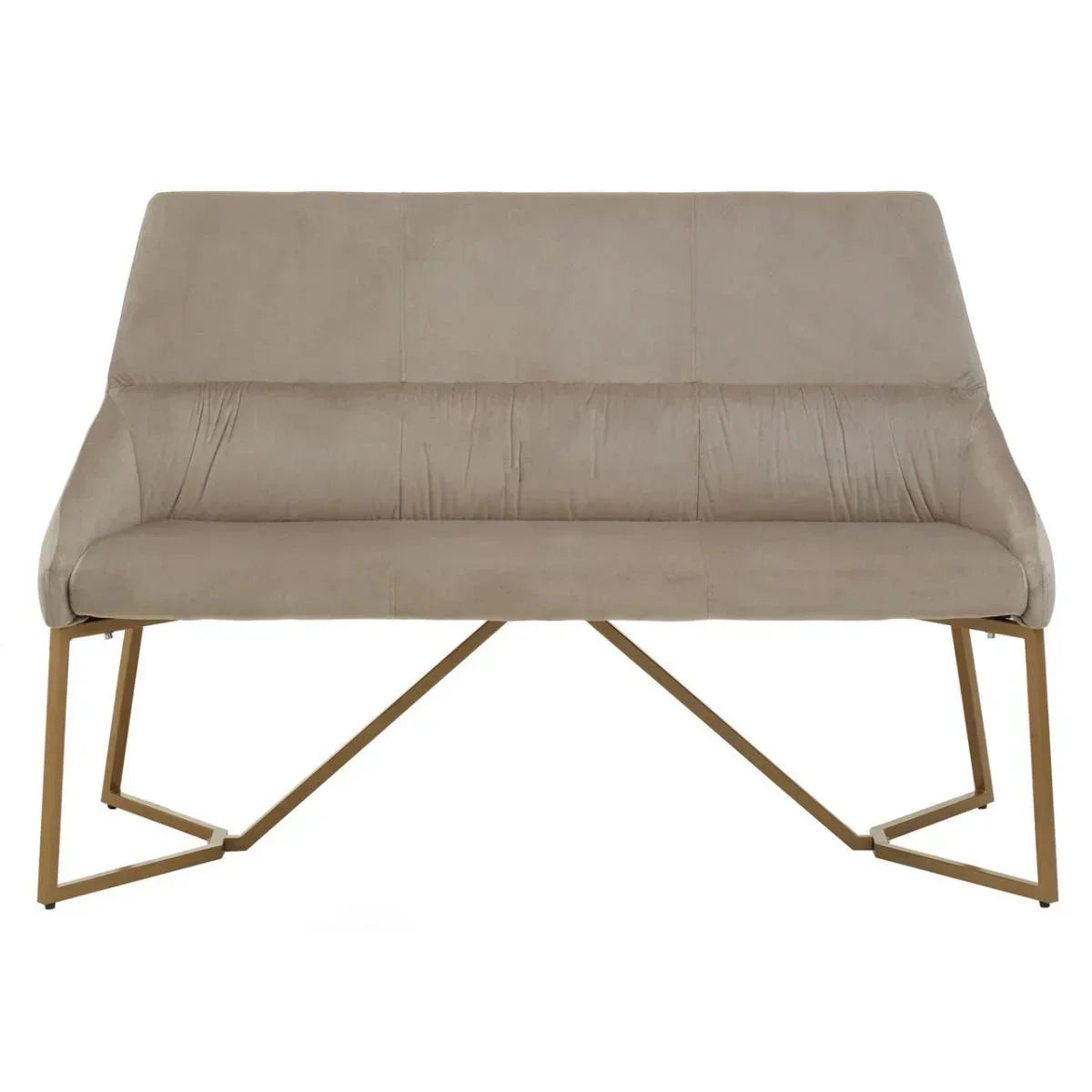 Beige velvet sofa with gold metal legs and angled backrest, front view