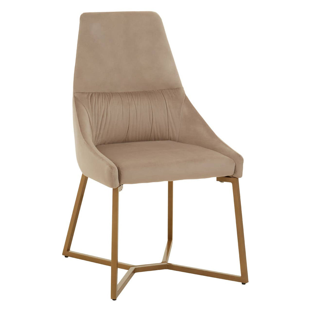Mink velvet dining chair with a high backrest and a sleek, modern design, featuring a gold metal frame and legs. The upholstery has a soft texture and subtle vertical stitching, adding elegance to the overall look