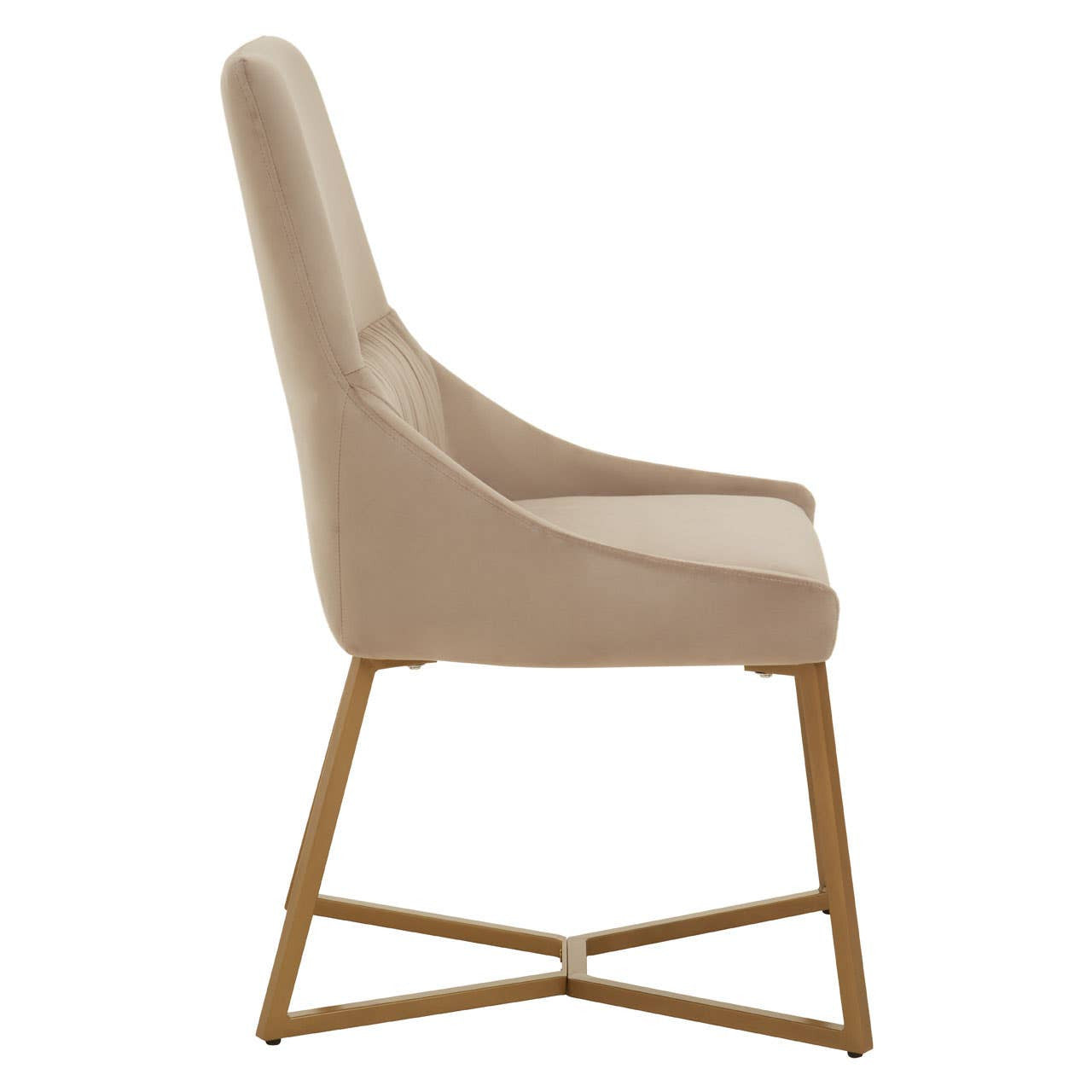 Mink velvet dining chair with a high backrest and a sleek, modern design, featuring a gold metal frame and a minimalist silhouette. The chair is shown from the side, highlighting its elegant curves and soft upholstery