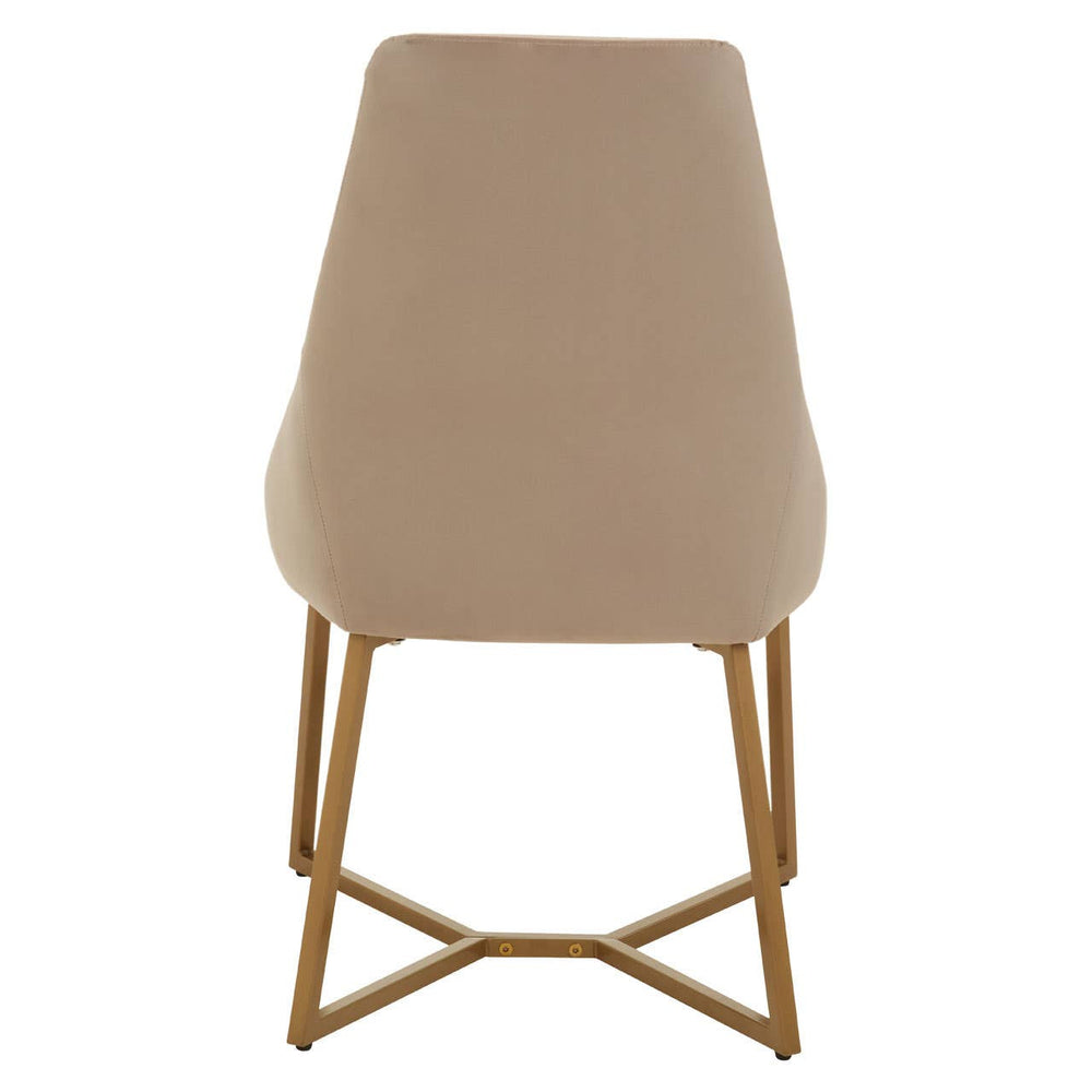 Mink velvet dining chair with a sleek, curved backrest and a gold metal frame, featuring a minimalist design and a soft, neutral color