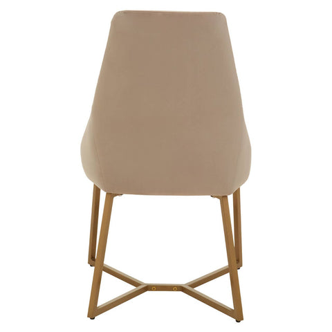 Mink velvet dining chair with a sleek, curved backrest and a gold metal frame, featuring a minimalist design and a soft, neutral color