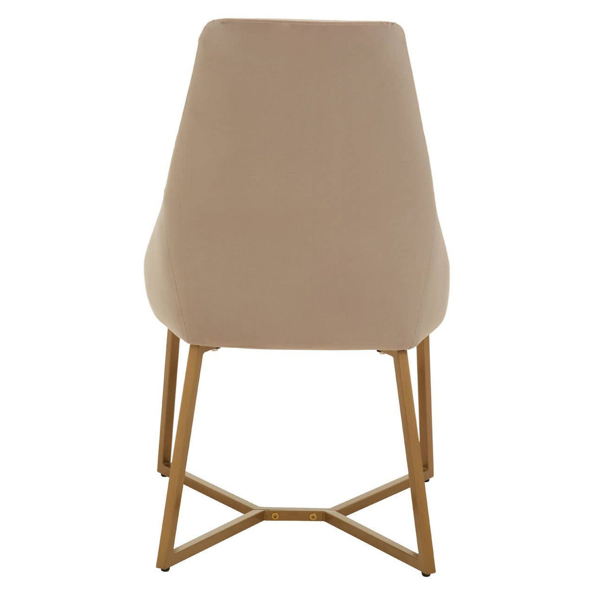 Mink velvet dining chair with a sleek, curved backrest and a gold metal frame, featuring a minimalist design and a soft, neutral color