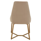 Mink velvet dining chair with a sleek, curved backrest and a gold metal frame, featuring a minimalist design and a soft, neutral color
