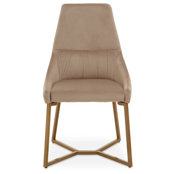 Mink velvet dining chair with a sleek, high back and padded seat, supported by a gold metal frame with a geometric design. The chair features a minimalist style and a soft, neutral color that complements various interior decor