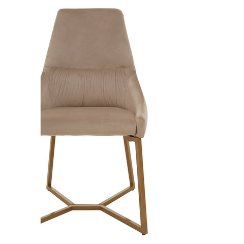 Mink velvet dining chair with a high back and contoured seat, supported by a gold-toned metal frame with an angular design. The chair features a soft, neutral color that complements various decor styles