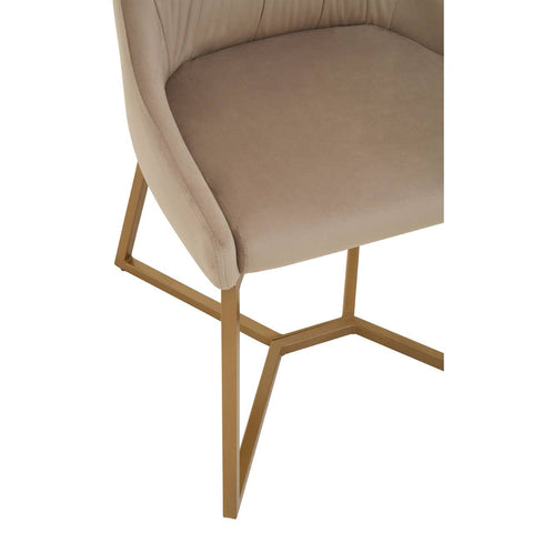 Mink velvet dining chair with a curved backrest and a soft, plush seat, supported by a sleek, gold-toned metal base featuring a unique geometric design
