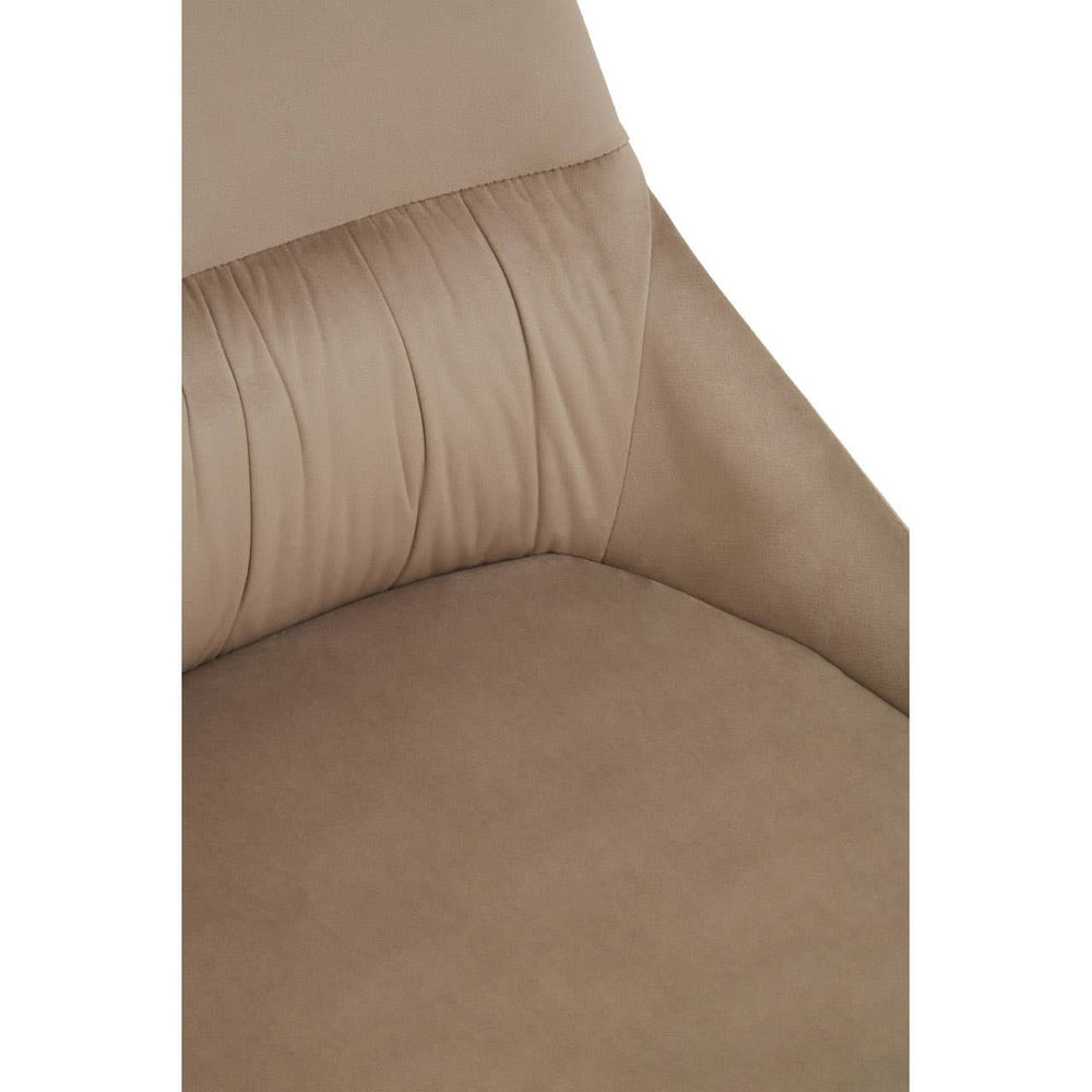 Mink velvet dining chair featuring a smooth, textured surface with subtle pleating on the backrest, showcasing a neutral color that complements various decor styles