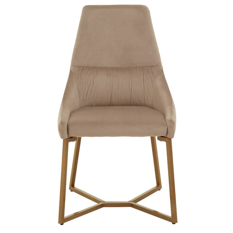 Mink velvet dining chair with a high backrest and a sleek, modern design, featuring a gold metal frame and a geometric base. The chair is upholstered in soft, textured fabric, showcasing a neutral color that complements various decor styles