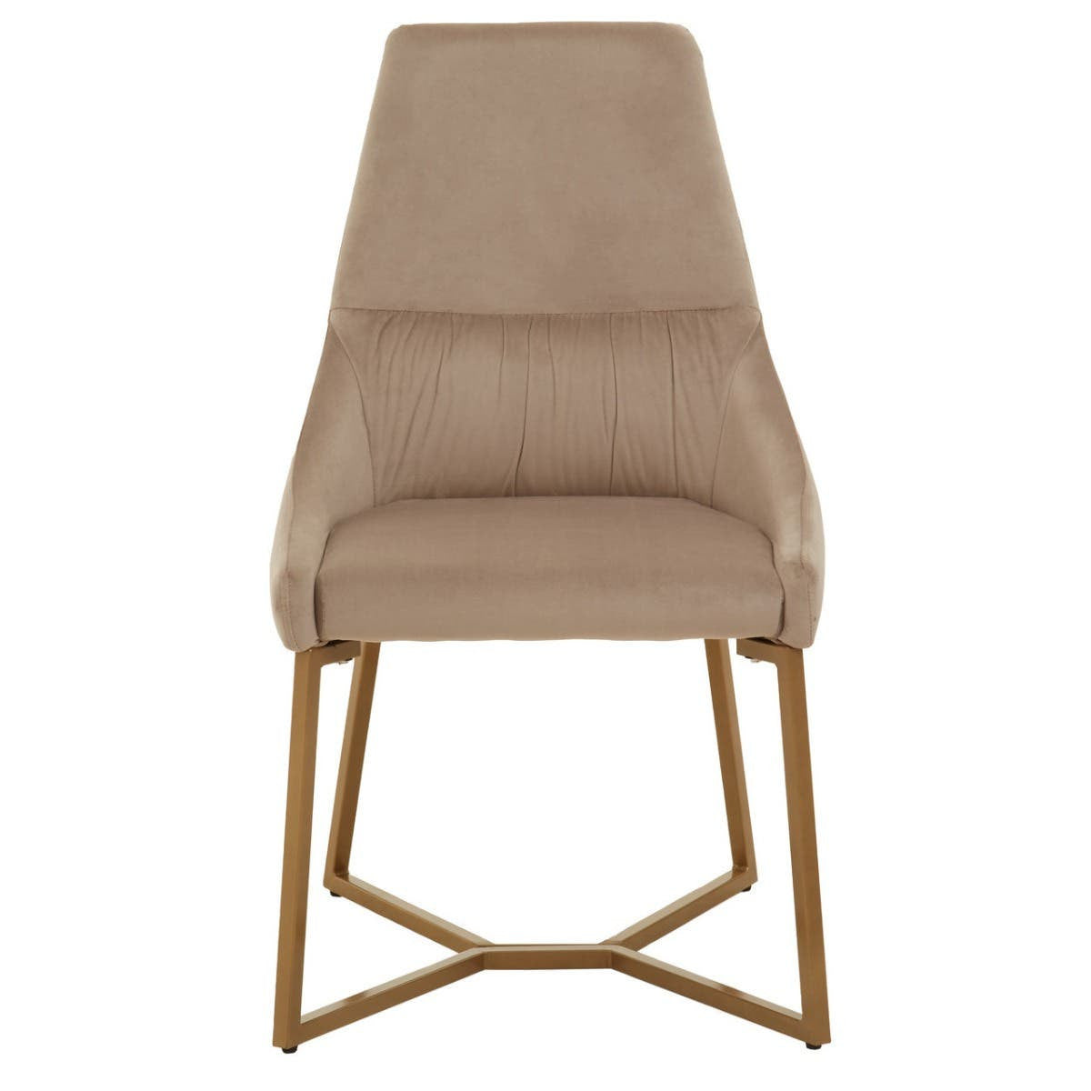 Mink velvet dining chair with a high backrest and a sleek, modern design, featuring a gold metal frame and a geometric base. The chair is upholstered in soft, textured fabric, showcasing a neutral color that complements various decor styles