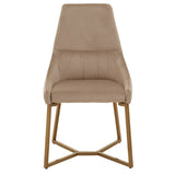 Mink velvet dining chair with a high backrest and a sleek, modern design, featuring a gold metal frame and a geometric base. The chair is upholstered in soft, textured fabric, showcasing a neutral color that complements various decor styles