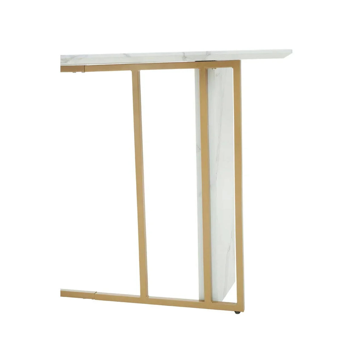 Marble console table with gold metal frame, close view of modern leg design