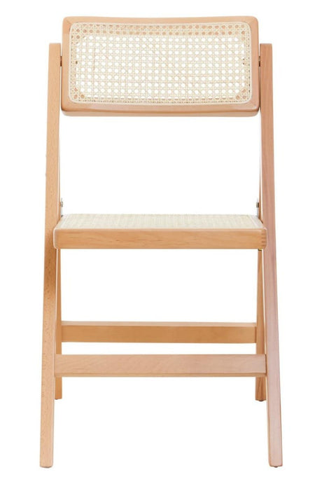 Folding chair with a beech wood frame and a light-colored padded seat and backrest, showcasing a simple and modern design