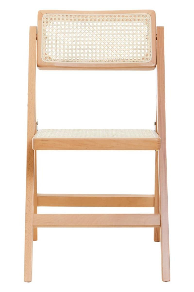 Folding chair with a beech wood frame and a light-colored padded seat and backrest, showcasing a simple and modern design