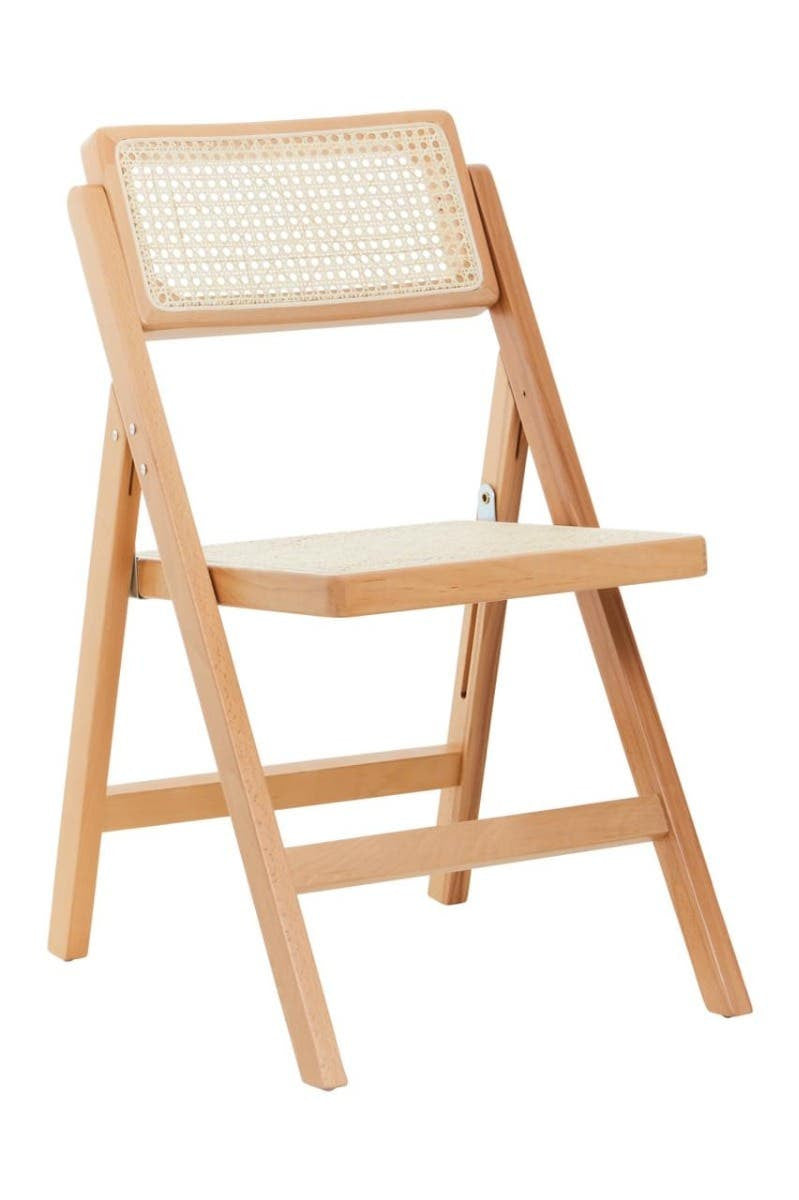 Folding chair with a beech wood frame and a light-colored fabric seat and backrest, showcasing a simple and modern design. The chair is positioned upright, highlighting its compact and portable nature