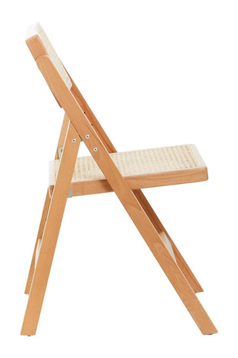 Cebu Beech Wood Frame Folding Chair with a light wood finish, featuring a simple, modern design and a fabric seat, shown from the side in a folded position