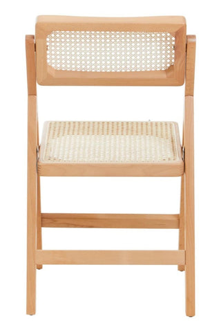 Folding chair with a beech wood frame and a light-colored cushioned seat and backrest, featuring a simple and modern design. The chair is positioned upright, showcasing its clean lines and natural wood finish