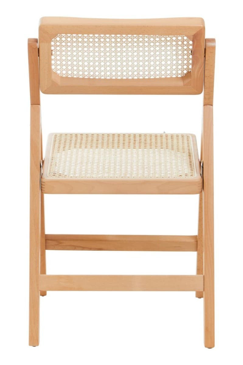 Folding chair with a beech wood frame and a light-colored cushioned seat and backrest, featuring a simple and modern design. The chair is positioned upright, showcasing its clean lines and natural wood finish